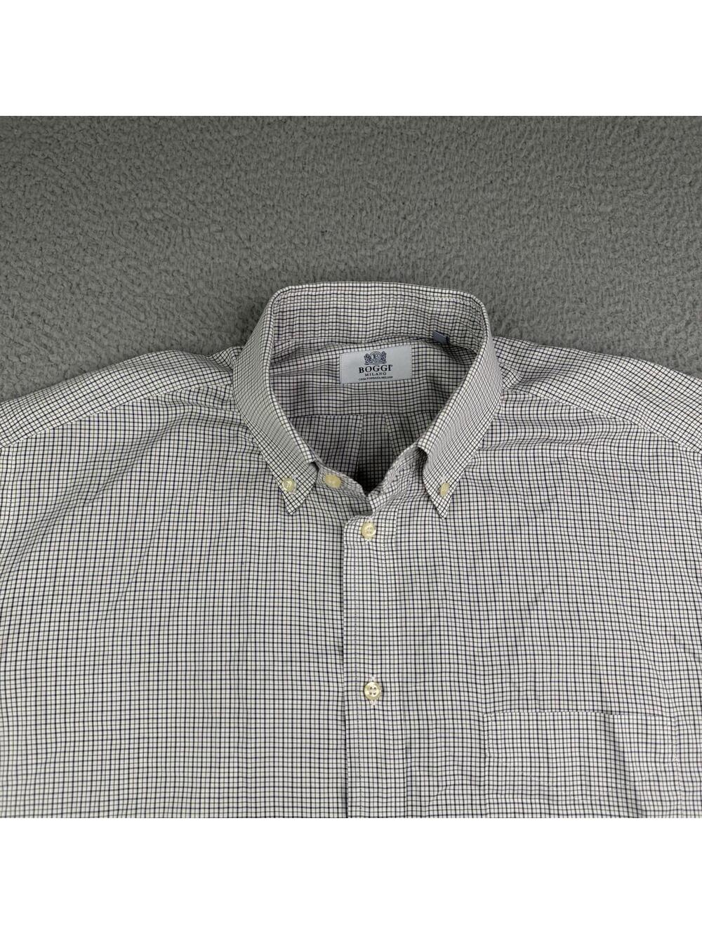 Boggi Milano Mens XL Shirt Blue White Check Long Sleeve Italy 43/17